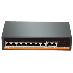 Seitliche Ansicht eines PoE Switch mit acht Ports. Zeigt das kompakte Metallgehäuse und die LED Statusanzeigen für aktive Verbindungen. Ideal zum Verbinden mehrerer Sicherheitskameras über Power over Ethernet für eine zuverlässige Datenübertragung.