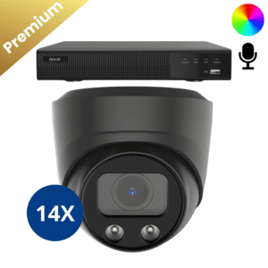Vierzehn schwarze Sony Dome Premium Full Color 4K Überwachungskameras, mit eingebautem Mikrofon, liefern detaillierte Farbbilder und hervorragende Audioqualität. Perfekte Kameraüberwachung.