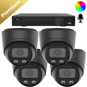 4x Sony Dome Premium Full Color 8MP 4K Überwachungskamera – Schwarz: Set mit viermal der schwarzen Sony Dome Premium Full Color 4K Überwachungskamera, liefert 4K-Bilder mit klaren Farben und Ton dank des eingebauten Mikrofons.