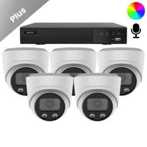 Ein komplettes Überwachungskamera-Set. 5 Plus Full-Color-Dome-Kameras mit AI-ISP. QHD 2K 5 Megapixel. Sehen Sie Ihre Überwachungsaufnahmen 24/7 in Farbe und hören Sie bis zu 10 Meter rund um die Kamera.