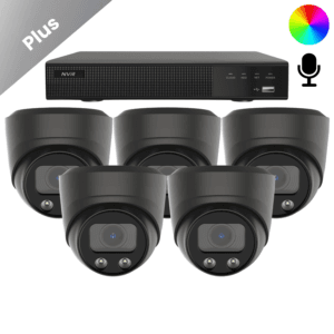 Ein komplettes Set mit 5 AI-ISP Full-Color-Dome-Kameras mit Sony-Chip und -Objektiv. Die Kamera nimmt Ton in einem Umkreis von etwa 10 Metern auf. Zudem können die Aufnahmen rund um die Uhr, sieben Tage die Woche, in Farbe angesehen werden.