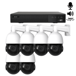 Sechs weiße Sony PTZ 360 Grad 2K Kameras, vollständig um 360 Grad drehbar und mit Mikrofon sowie Lautsprecher ausgestattet, für optimale Überwachung und klare Zweiwegkommunikation.