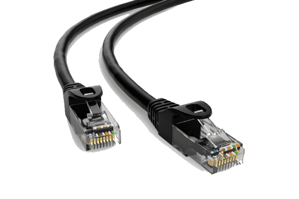 Schwarzes Cat6 Netzwerkkabel mit RJ45 Steckern für schnelle und stabile Datenübertragung zwischen Recorder und Sicherheitskameras