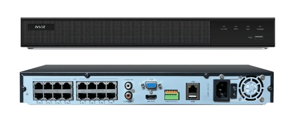 Front und Rückseite eines 16 Kanal Netzwerkrekorders mit PoE Ports LAN HDMI VGA Audio USB Stromanschluss und integriertem Lüfter