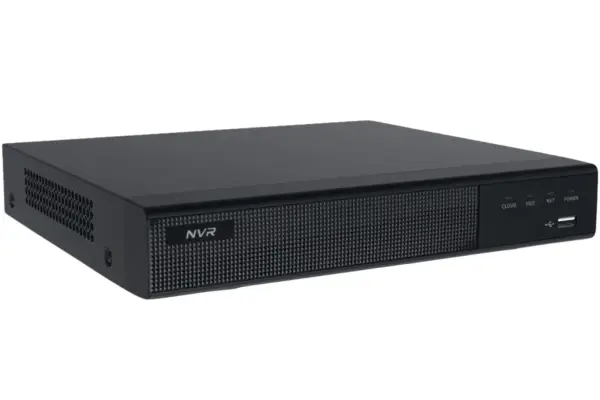 Vorderseite eines schwarzen Netzwerkrekorders mit USB Anschluss und LED Anzeigen für Cloud Festplatte Netzwerk und Strom