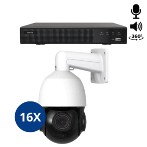 Set aus 16 weißen Sony PTZ 360-Grad-2K-Kameras, die sich um 360 Grad drehen und dank Mikrofon und Lautsprecher klare Bilder und Ton liefern.