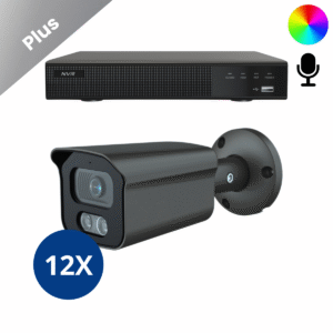 Komplettes Überwachungskamera-System mit 12 Sony Bullet Plus AI-ISP Full Color Kamera in Schwarz, in QHD 2K Auflösung und mit bis zu vierzig Metern Nachtsicht. Mit integriertem Mikrofon, für Innen und Außen geeignet und sofort einsatzbereit.