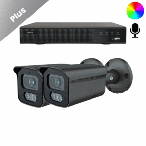 Komplettes Überwachungskamera-System mit 2 Sony Bullet Plus AI-ISP Full Color Kamera in Schwarz, in QHD 2K Auflösung und mit bis zu vierzig Metern Nachtsicht. Mit integriertem Mikrofon, für Innen und Außen geeignet und sofort einsatzbereit.