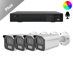 Komplettes Überwachungskamera-System mit 4 Sony Bullet Plus AI-ISP Full Color Kameras in Weiß, in QHD 2K Auflösung und mit bis zu vierzig Metern Nachtsicht. Mit integriertem Mikrofon, für Innen und Außen geeignet und sofort einsatzbereit.