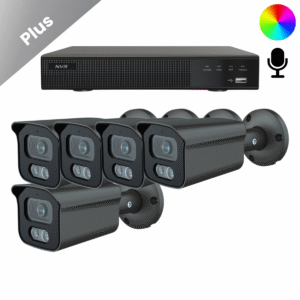Komplettes Überwachungskamera-System mit 5 Sony Bullet Plus AI-ISP Full Color Kamera in Schwarz, in QHD 2K Auflösung und mit bis zu vierzig Metern Nachtsicht. Mit integriertem Mikrofon, für Innen und Außen geeignet und sofort einsatzbereit.