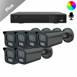Komplettes Überwachungskamera-System mit 6 Sony Bullet Plus AI-ISP Full Color Kamera in Schwarz, in QHD 2K Auflösung und mit bis zu vierzig Metern Nachtsicht. Mit integriertem Mikrofon, für Innen und Außen geeignet und sofort einsatzbereit.