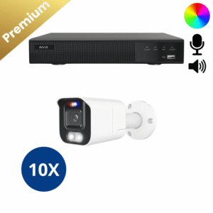 Ein komplettes Überwachungskamera Set mit 10 Bullet Two Way Audio Kameras in Weiß, Aufzeichnungsrekorder und allem Zubehör.