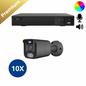 Ein komplettes Überwachungskamera Set mit 10 Bullet Two Way Audio Kameras in Schwarz, Aufzeichnungsrekorder und allem Zubehör.