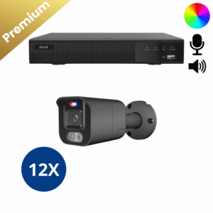 Ein komplettes Überwachungskamera Set mit 12 Bullet Two Way Audio Kameras in Schwarz, Aufzeichnungsrekorder und allem Zubehör.