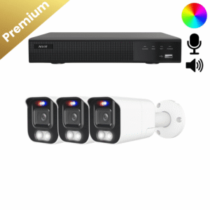 Ein komplettes Überwachungskamera Set mit 3 Bullet Two Way Audio Kameras in Weiß, Aufzeichnungsrekorder und allem Zubehör.