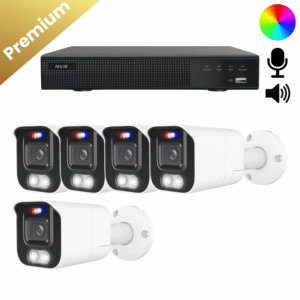 Ein komplettes Überwachungskamera Set mit 5 Bullet Two Way Audio Kameras in Weiß, Aufzeichnungsrekorder und allem Zubehör.