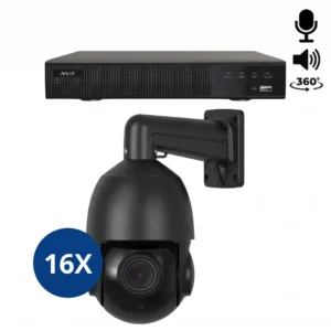 Komplettes 2K PTZ Überwachungskamera Set mit 16 Kameras Schwarz, 360 Grad Drehung, Mikrofon und Lautsprecher. Für Innen und Außen geeignet.