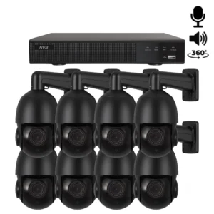 Komplettes 2K PTZ Überwachungskamera Set mit 8 Kameras Schwarz, 360 Grad Drehung, Mikrofon und Lautsprecher. Für Innen und Außen geeignet.